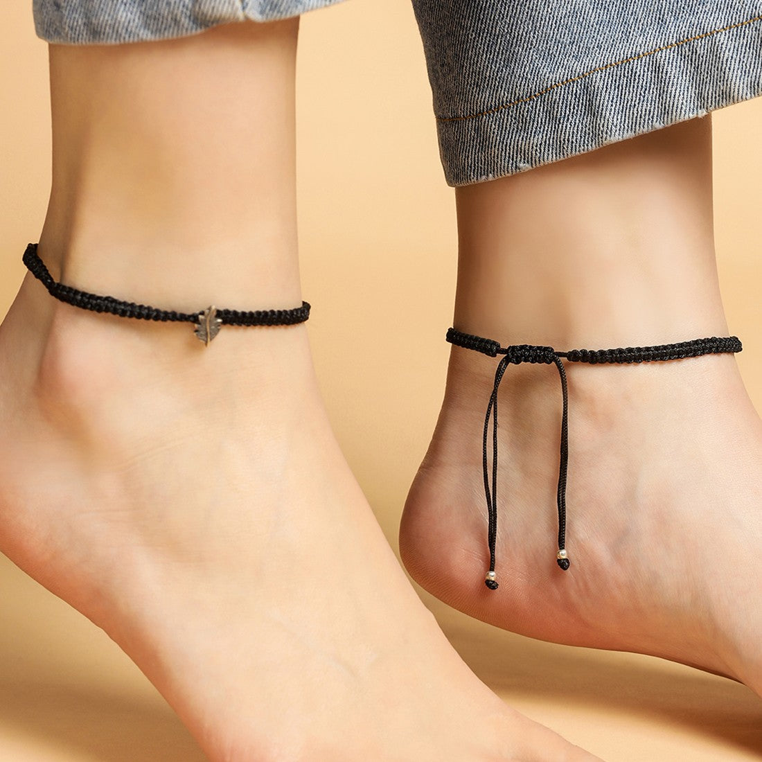 Leafy Silver 925 hallmark Black Thread Anklet